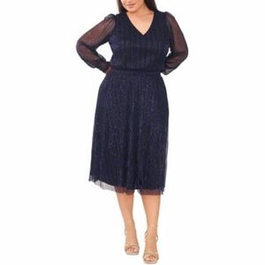 MSK Navy Sheer Pleated Gown